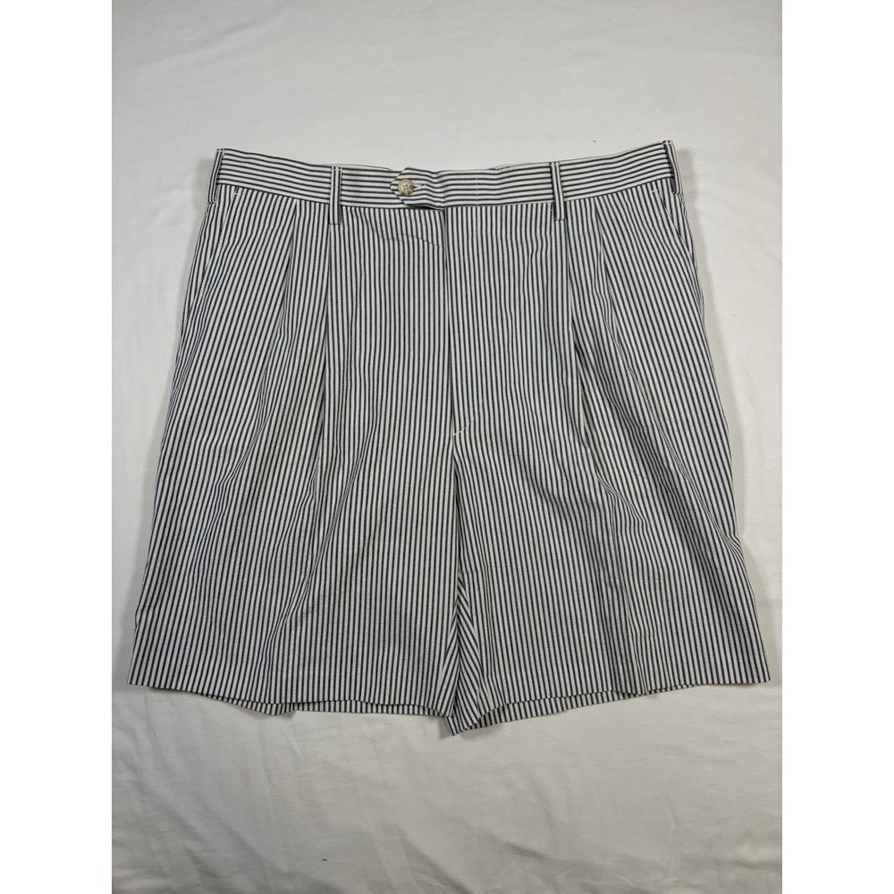 Berle Mens 38 Pleated Seersucker Shorts Blue White Striped Cotton Preppy Golf